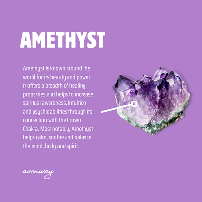 Azenway Amethyst meaning card with raw Amethyst crystal illustration.