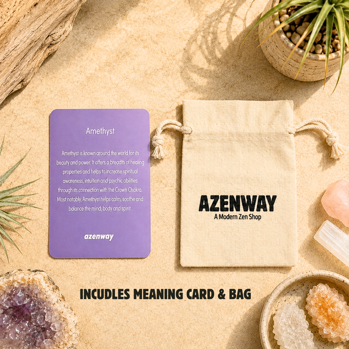 Amethyst crystal meaning card displayed beside an Azenway organic cotton drawstring gift bag with "Includes Meaning Card & Bag" text overlay. Set on a warm neutral background with natural crystals and botanical accents, showcasing the premium packaging included with every Amethyst purchase.