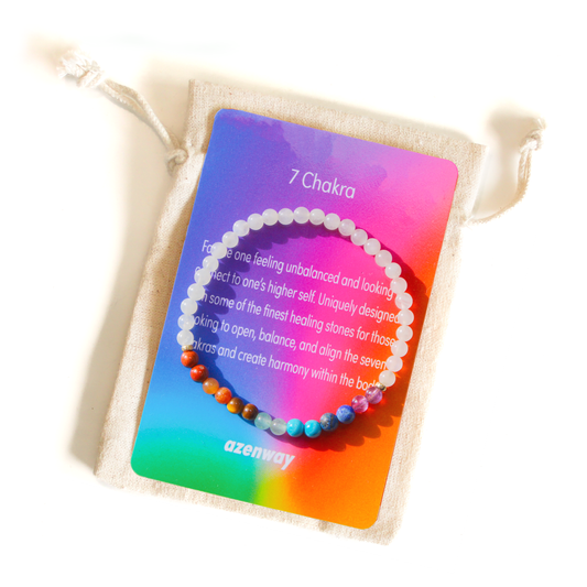 7 Chakra Moonstone bracelet displayed on Azenway rainbow card with drawstring bag