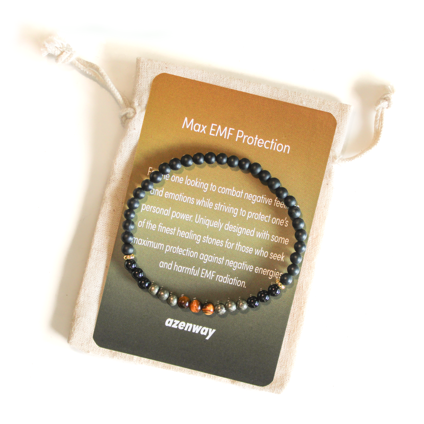 Protection bracelet with Black Tourmaline, Black Onyx, Pyrite and Tiger’s Eye displayed on Azenway protection card with drawstring bag