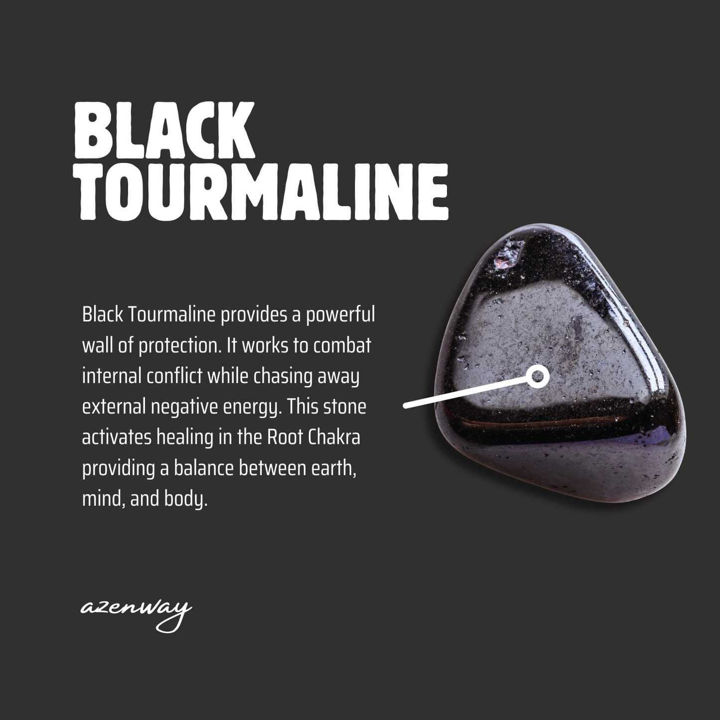 Azenway Black Tourmaline meaning card with polished Black Tourmaline crystal illustration.