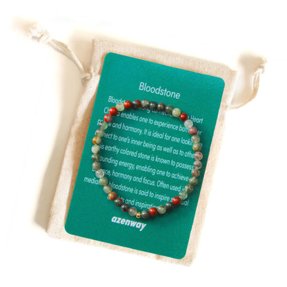 Bloodstone gemstone bracelet displayed on Azenway meaning card with organic cotton gift bag.