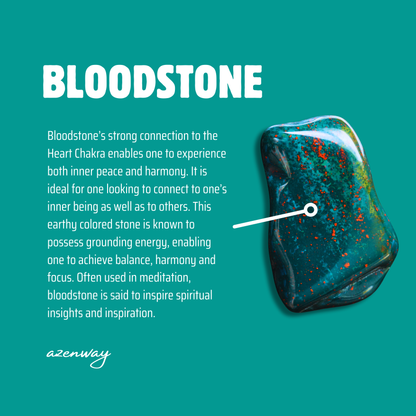 Azenway Bloodstone meaning card with polished Bloodstone crystal illustration.