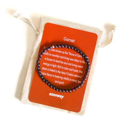 Garnet gemstone bracelet on Azenway meaning card with organic cotton gift bag.