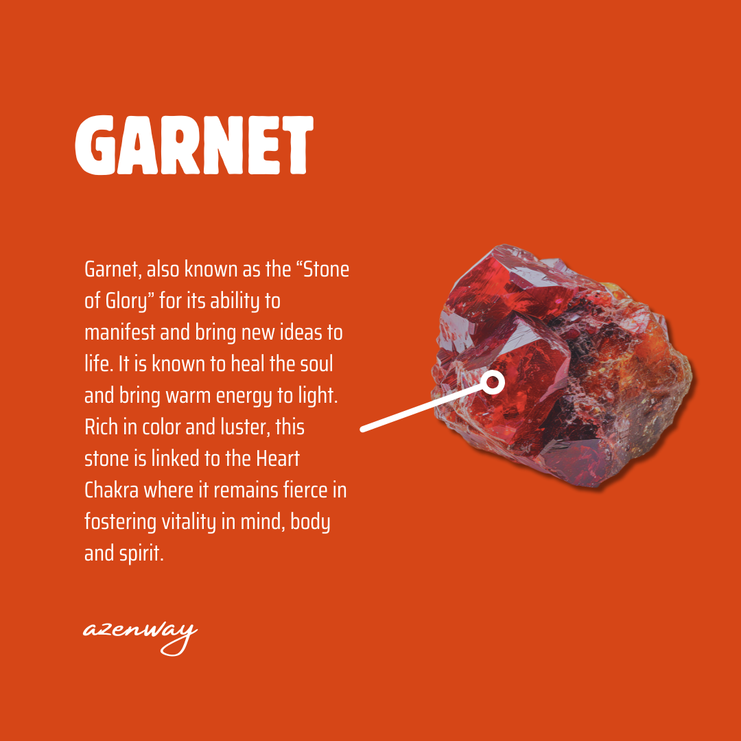 Azenway Garnet stone meaning card with raw Garnet crystal image.