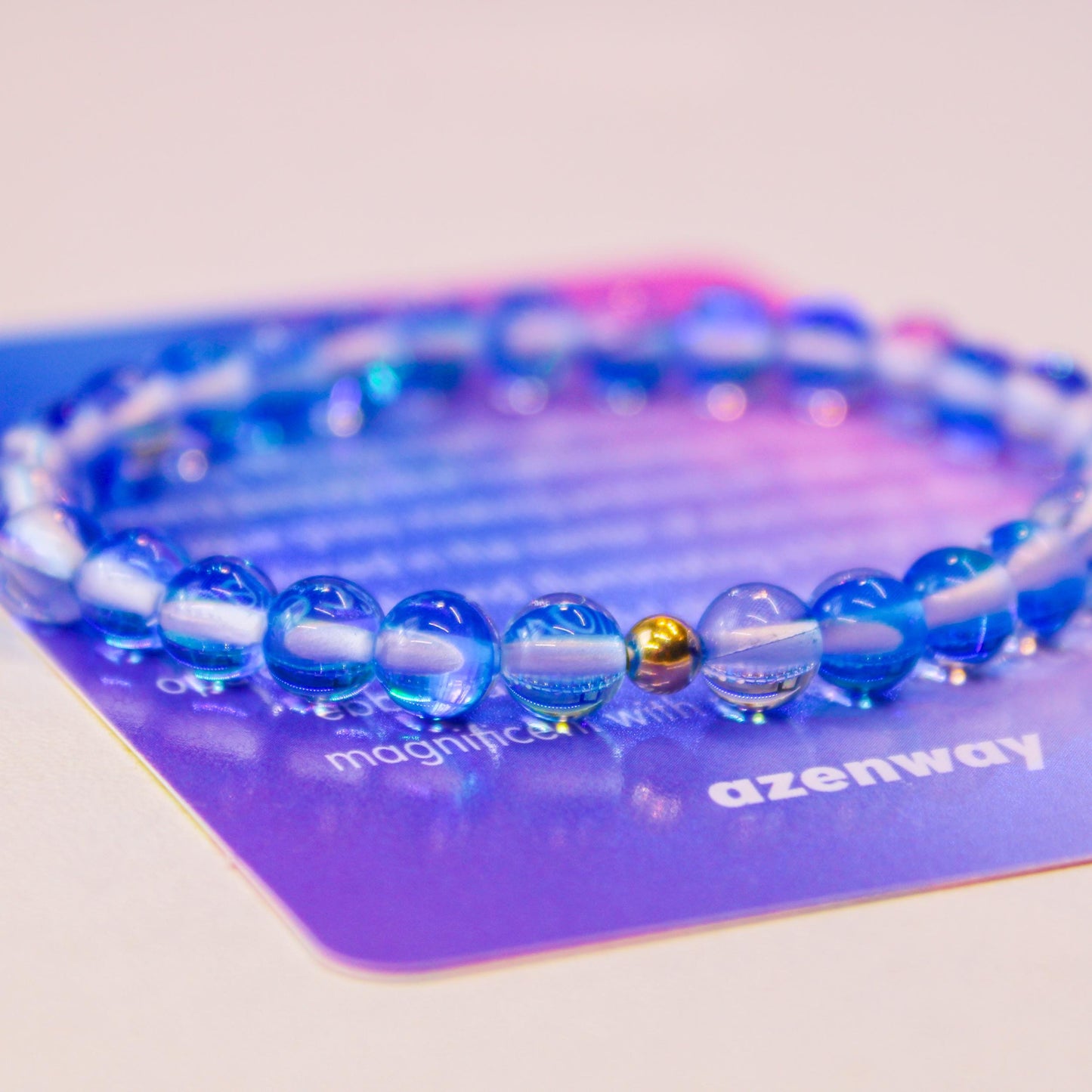 Enchanting Blue Mystic Glass Healing Bracelet  Iridescent 6mm Beads with Hypoallergenic 14k Gold-Filled Accent