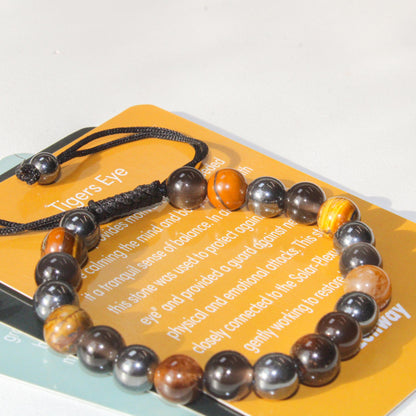 Triple Protection Healing Crystal Energy Bracelet with 6mm Natural Tiger's Eye, Black Obsidian and Hematite Gemstones for EMF Shielding