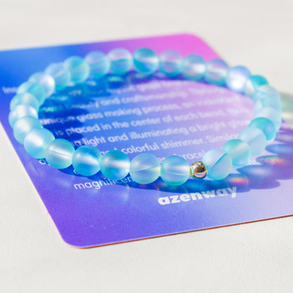 Enchanting Mystic Glass Light Blue Healing Bracelet  Iridescent 6mm Beads with Hypoallergenic 925 Sterling Silver Bead