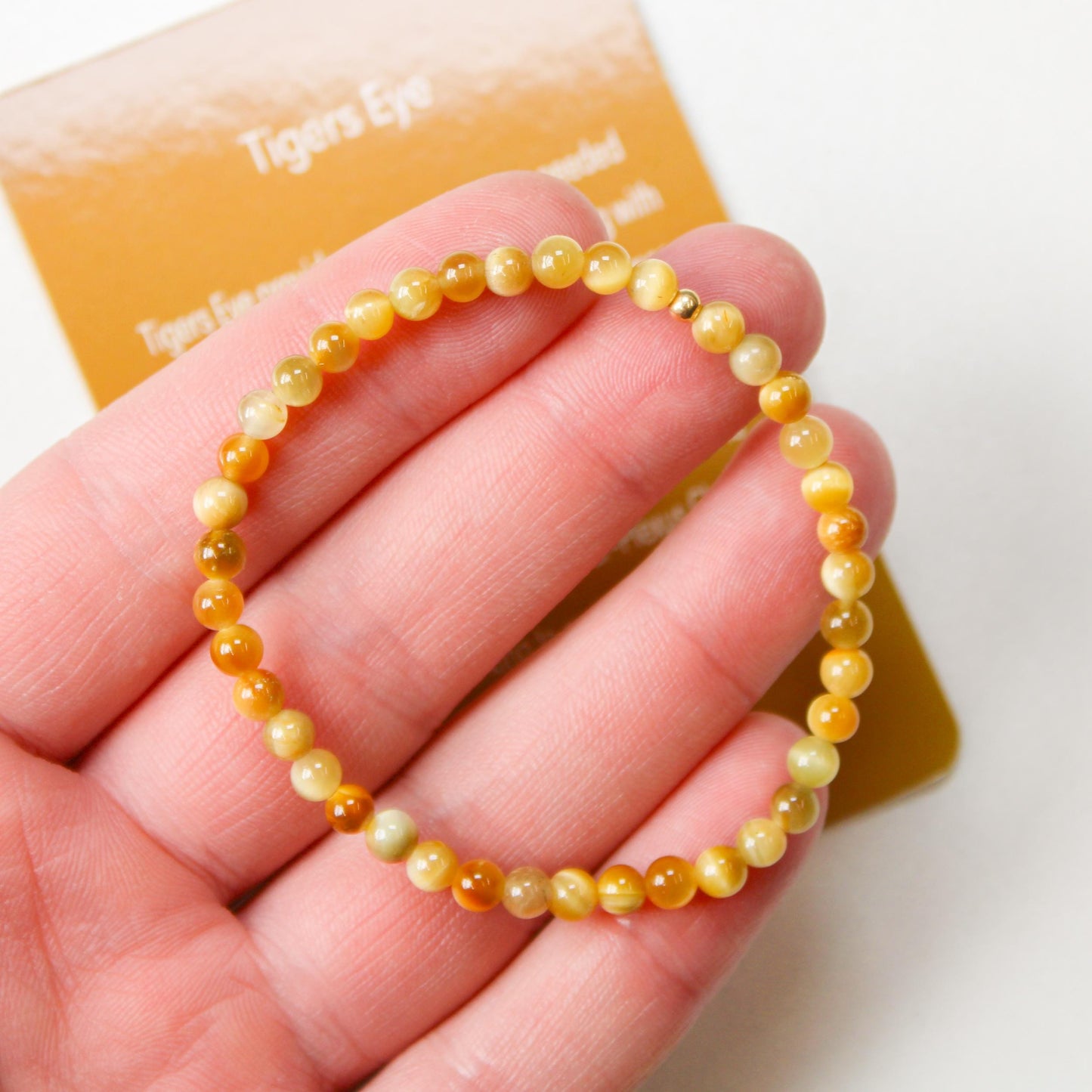 Gold Tiger's Eye Healing Crystal Energy Bracelet with 4mm Natural Gemstones and 14K Gold-Filled Hypoallergenic Bead