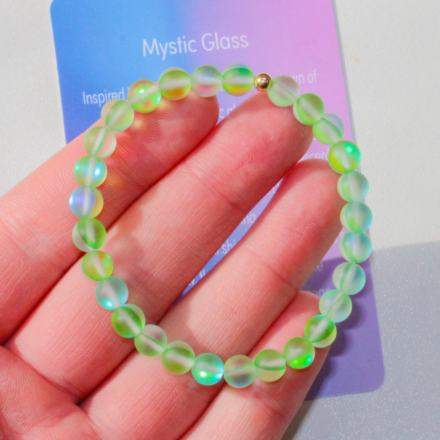 Enchanting Mystic Glass Frosted Green Healing Bracelet  Iridescent 6mm Beads with Hypoallergenic 14k Gold-Filled Accent