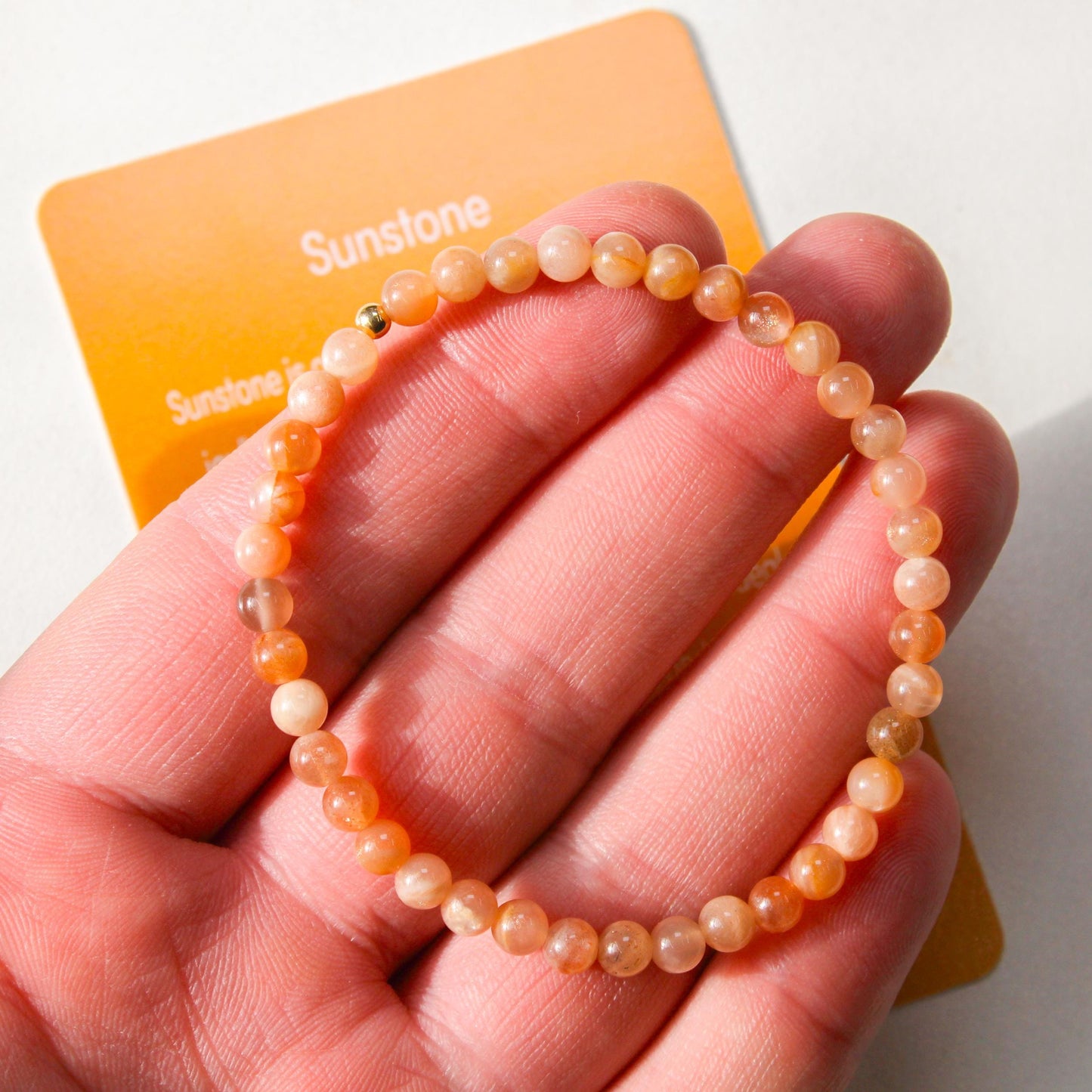 Sunstone Healing Crystal Energy Bracelet with 4mm Natural Gemstones and 14K Gold-Filled Hypoallergenic Bead