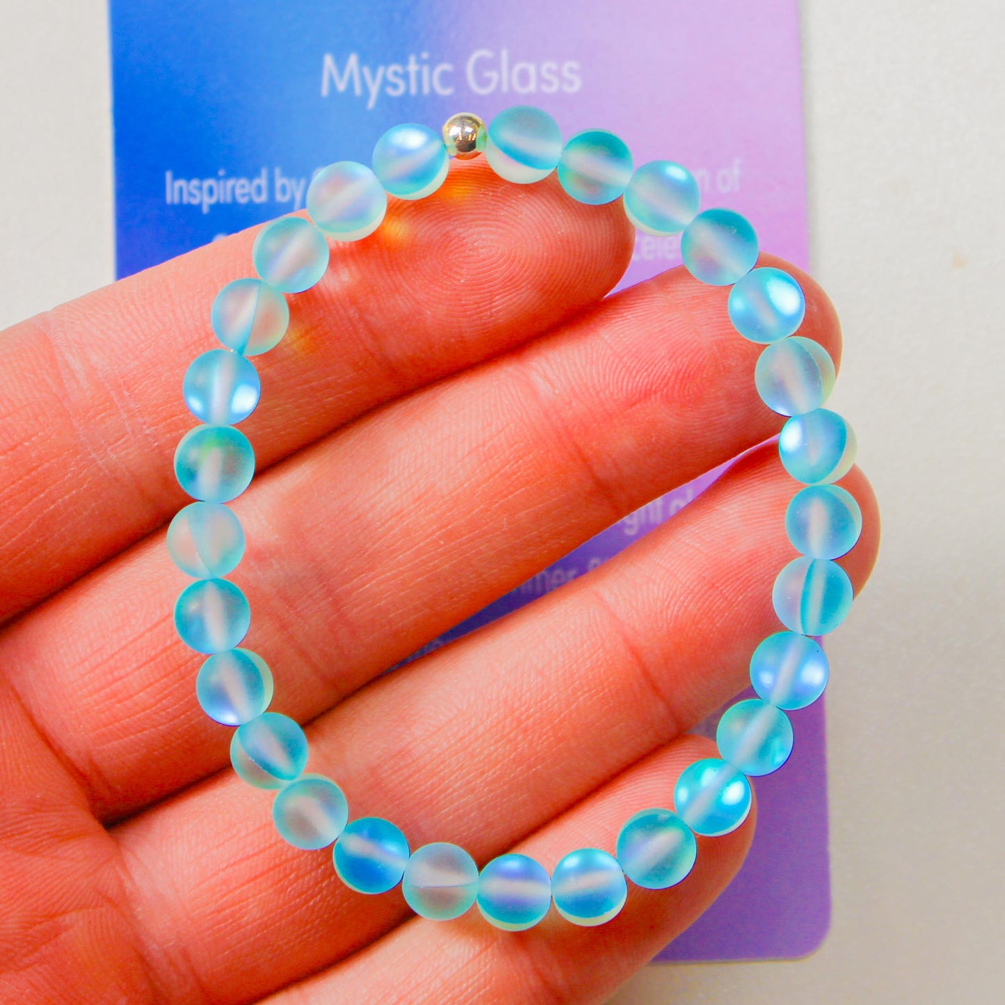 Enchanting Mystic Glass Light Blue Healing Bracelet  Iridescent 6mm Beads with Hypoallergenic 925 Sterling Silver Bead