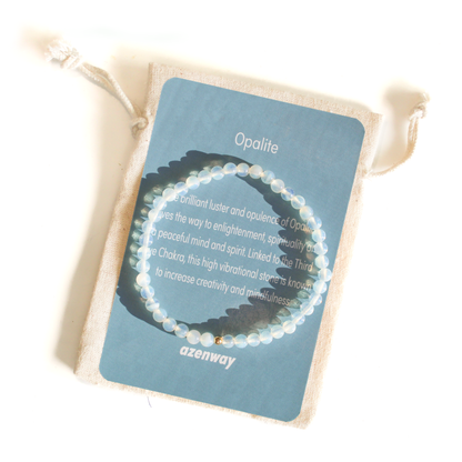 Opalite gemstone bracelet displayed on Azenway meaning card with organic cotton gift bag.