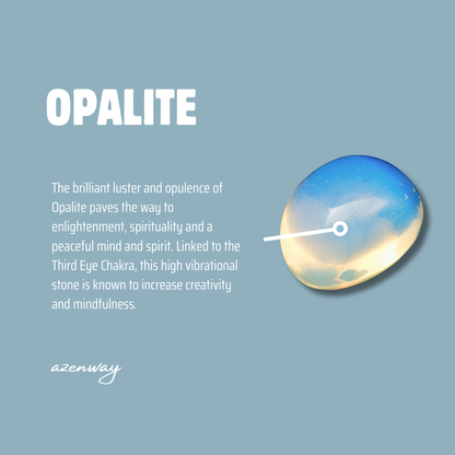 Azenway Opalite meaning card with polished Opalite crystal illustration.