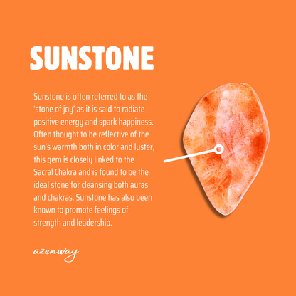 Azenway Sunstone meaning card with raw Sunstone crystal illustration.